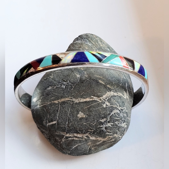 Navajo sterling silver, multi stone inlay cuff. Artist: Steve Fransico (SF) EUC - Picture 13 of 15